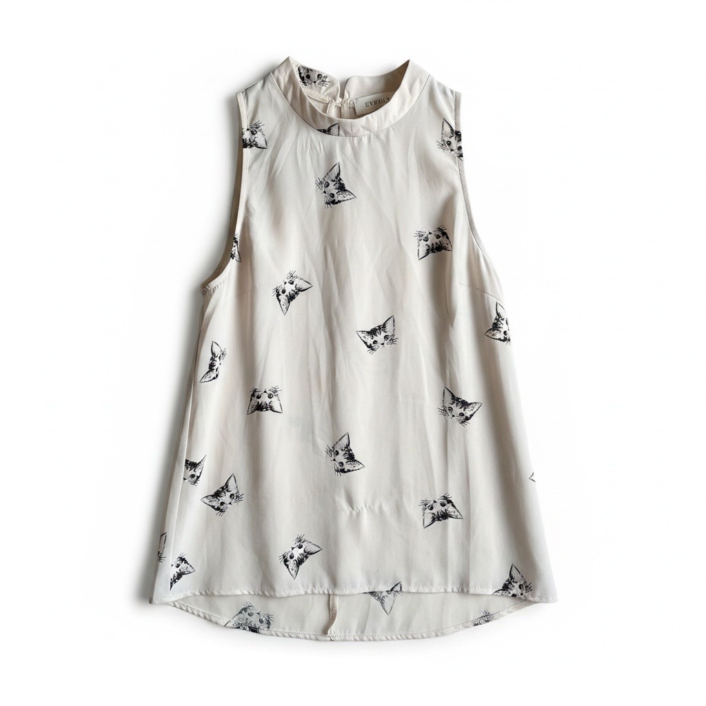 Everly Cat Print Sleeveless Blouse Womens M Ivory Mock Neck Polyester Top